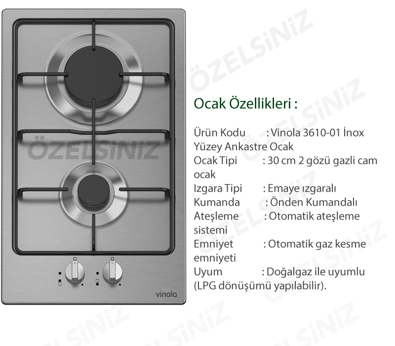VİNOLA 30 CM 2 GÖZLÜ INOX YUZEY ANKASTRE OCAK 3610-01