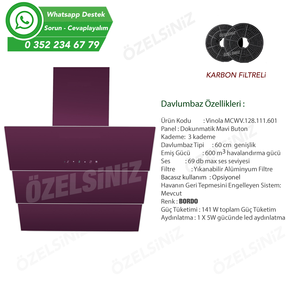 VİNOLA Bacasız Karbon filtreli Bordo Dokunmatik 60 Cm Cam Davlumbaz